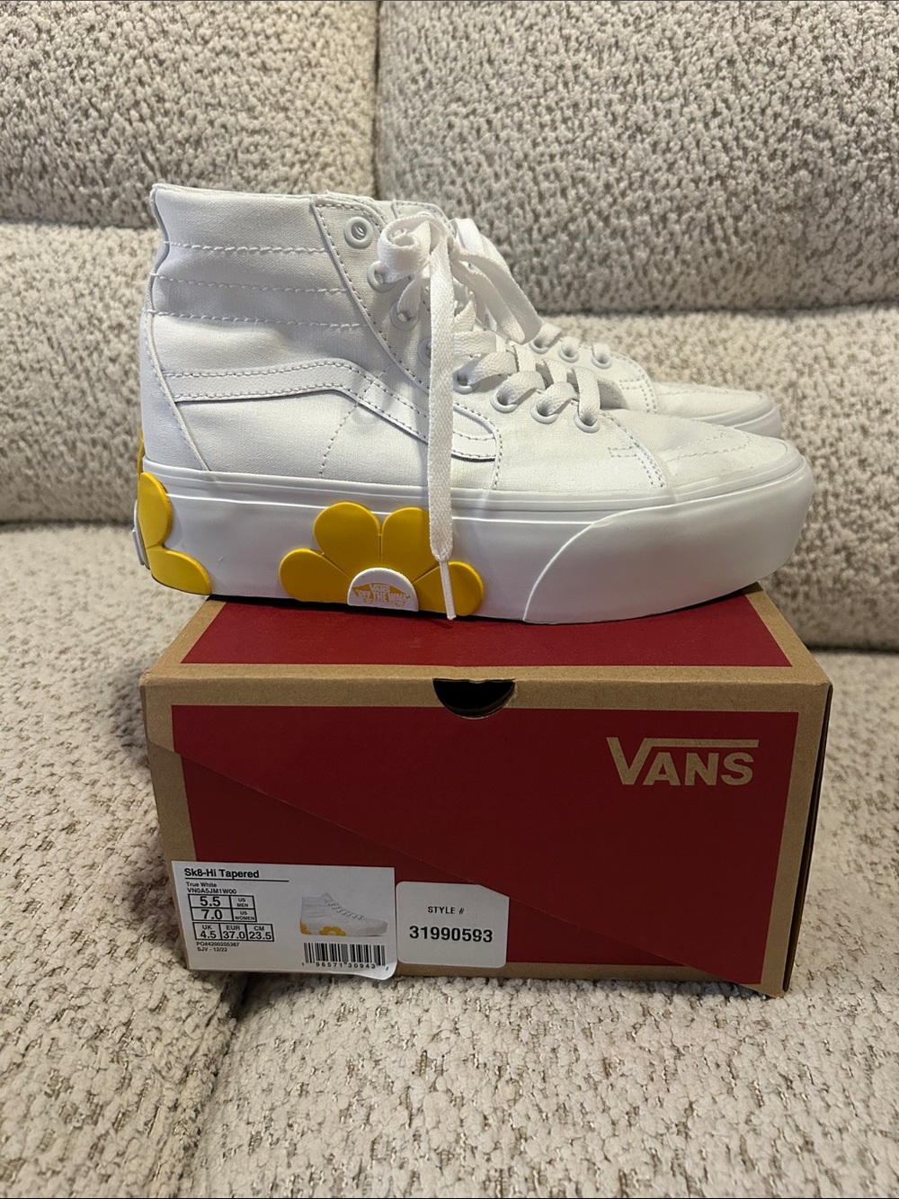 Vans White High-Top Sneakers with Yellow Flower Appliqués (barely worn)